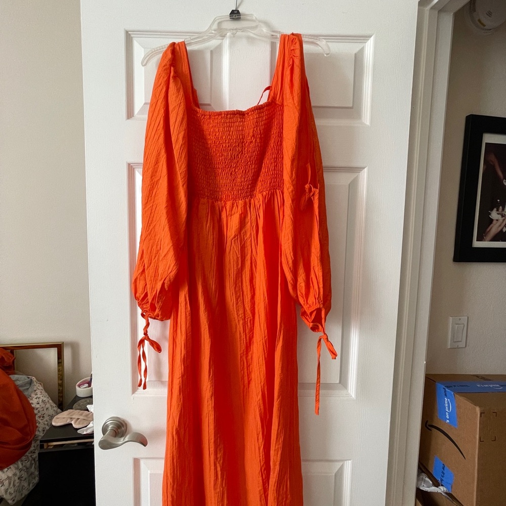 Cider Solid Knotted Shirred Square Neck Orange Maxi Dress